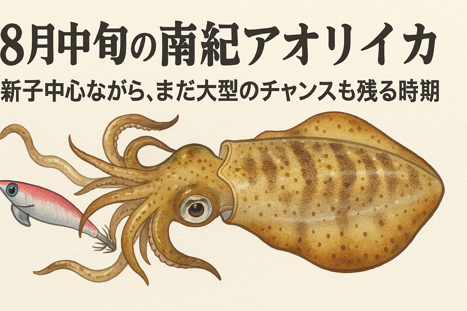 8月中旬の南紀アオリイカは、新子中心ながら、まだ大型のチャンスも残る時期。釣太郎