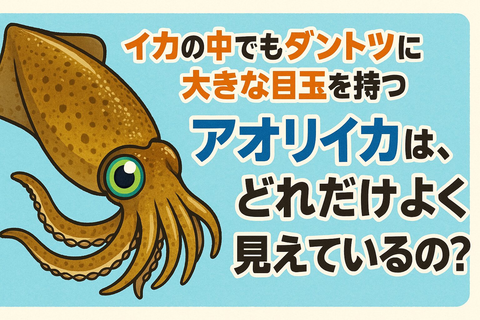 アオリイカの目は、海のハンターにふさわしい超高性能カメラのような存在です。・人間に匹敵する視力(0.6〜1.0程度)・暗闇でも機能する光の感知力・偏光を識別して小魚を見抜く能力。釣太郎