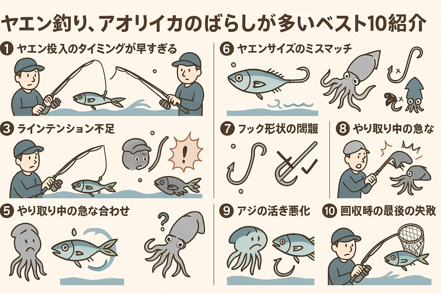 ヤエン釣りでのばらしは、ほとんどが投入タイミング・テンション管理・道具選びの3要素に集約されます。 今回紹介したベスト10の原因と対策を意識すれば、掛けたアオリイカを確実に獲る確率が大幅アップします。釣太郎