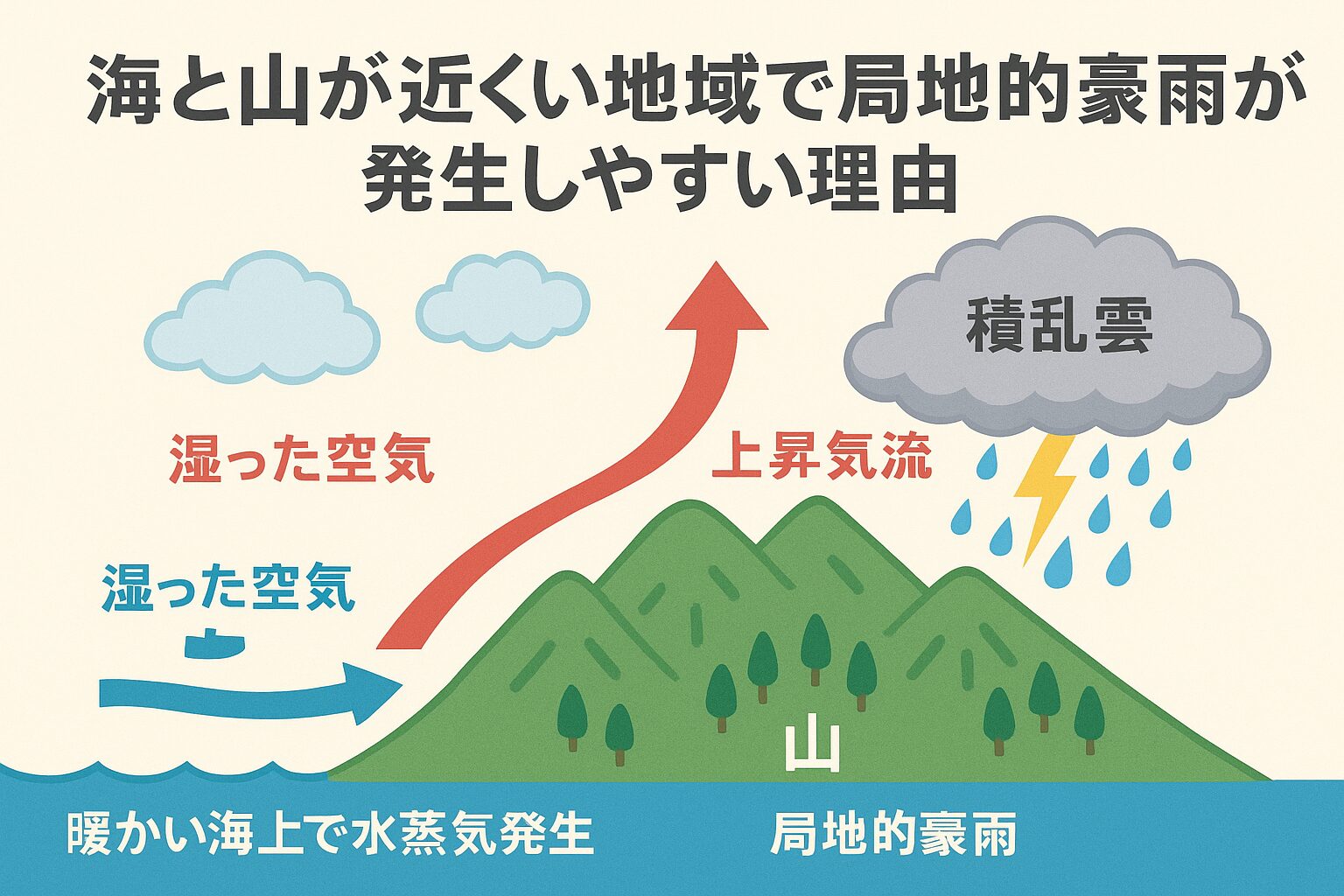 南紀は海と山が近い地形と黒潮の影響で湿った空気が豊富。湿った空気が山にぶつかり急上昇 → 積乱雲が急発達。局地的豪雨は突然発生し、短時間で非常に激しい雨を降らせる。釣りや観光では、予報よりも現地の空模様を最優先に判断する 南紀の自然は豊かで魅力的ですが、その美しさの裏には「地形が生む天気の急変」という一面もあります。釣太郎