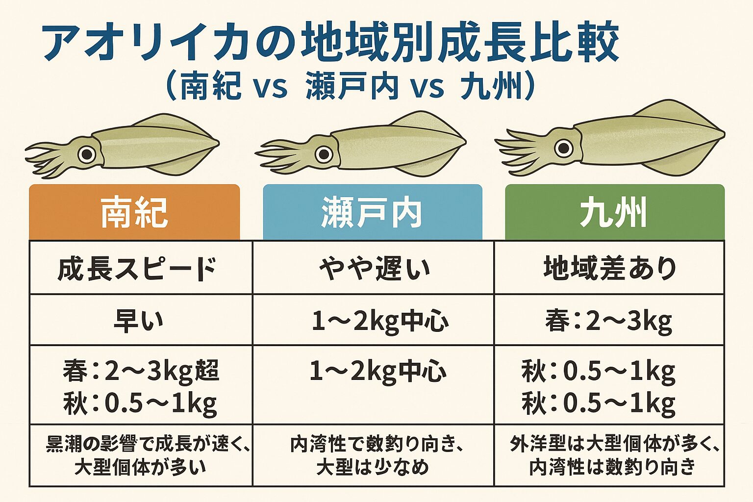 アオリイカの地域別成長比較（南紀 vs 瀬戸内 vs 九州）釣太郎