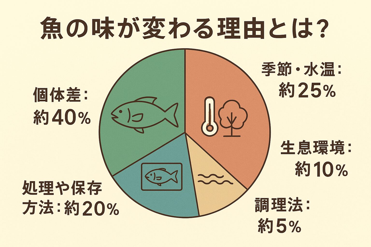 魚の味が変わるのは、単なる鮮度の問題だけではありません。**個体差(40%)と処理方法(20%)**は釣り人の工夫次第で改善できる要素。**季節や環境(35%)**は釣行計画やポイント選びである程度コントロール可能。**調理法(5%)**も、少しの工夫で差が出ます。釣太郎