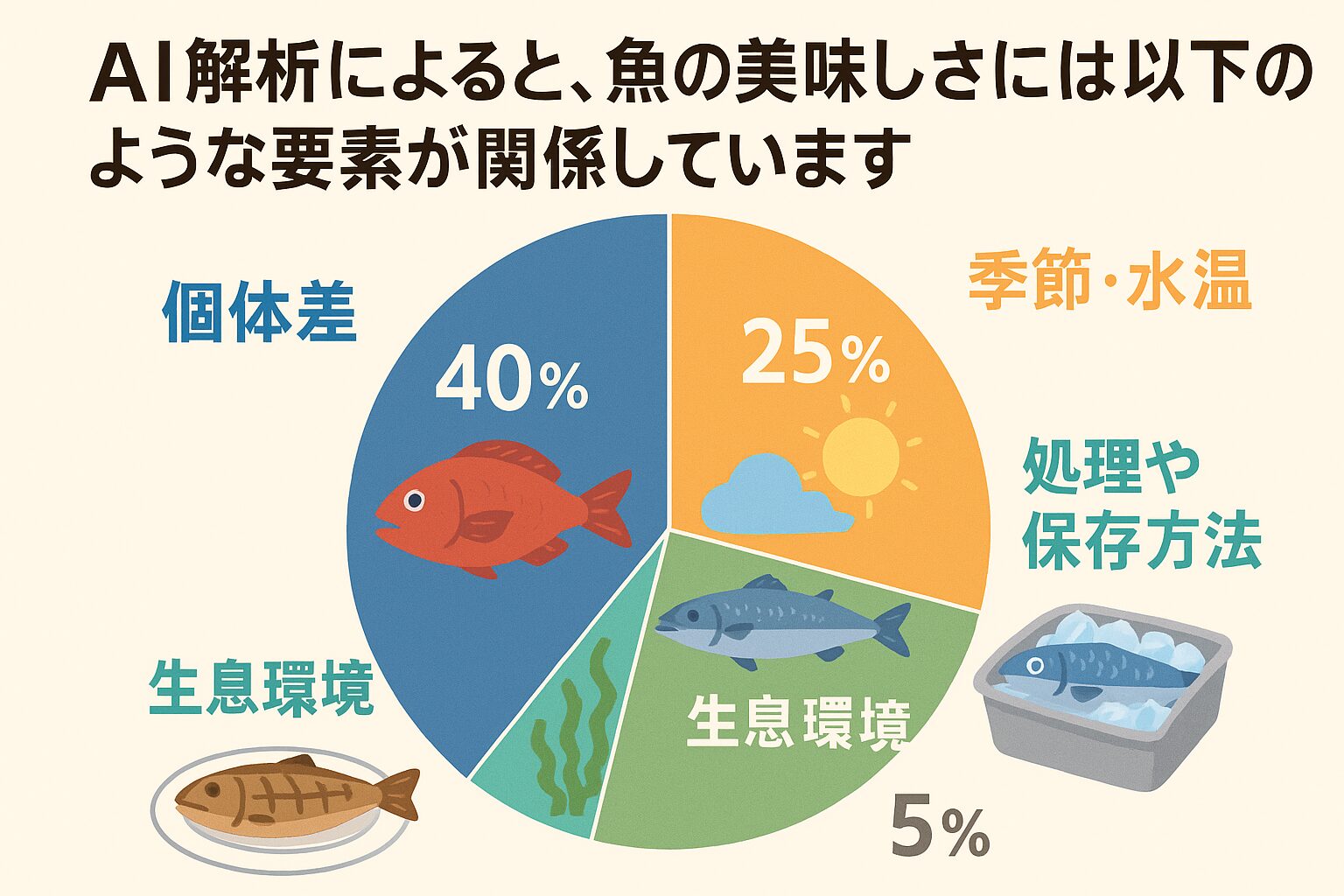 魚のおいしいさは個体差:約40%。季節・水温:約25%、処理や保存方法:約20%。生息環境:約10%。釣太郎
調理法:約5%。釣太郎