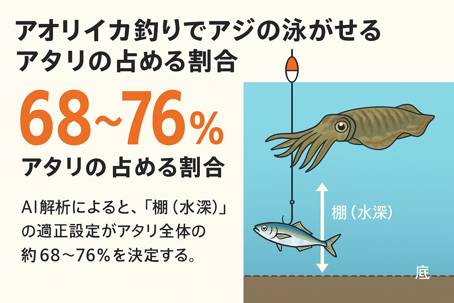 ウキ釣り・ヤエン釣りともに、アオリイカ狙いで最初に考えるべきは**エサの種類や大きさではなく「棚」。棚（水深）の適正度はアタリ全体の約7割を決定 適正棚は「底から50cm〜1m」が基準 時間帯や潮の動きで微調整することでヒット率は最大1.8倍まで向上。釣太郎