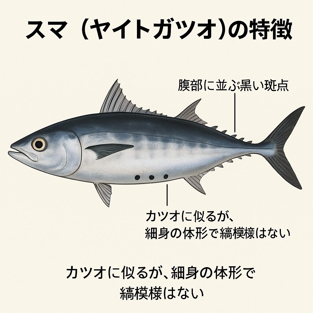 スマは「ヤイトガツオ」という別名を持ち、腹に並ぶ黒い斑点が最大の特徴です。釣太郎