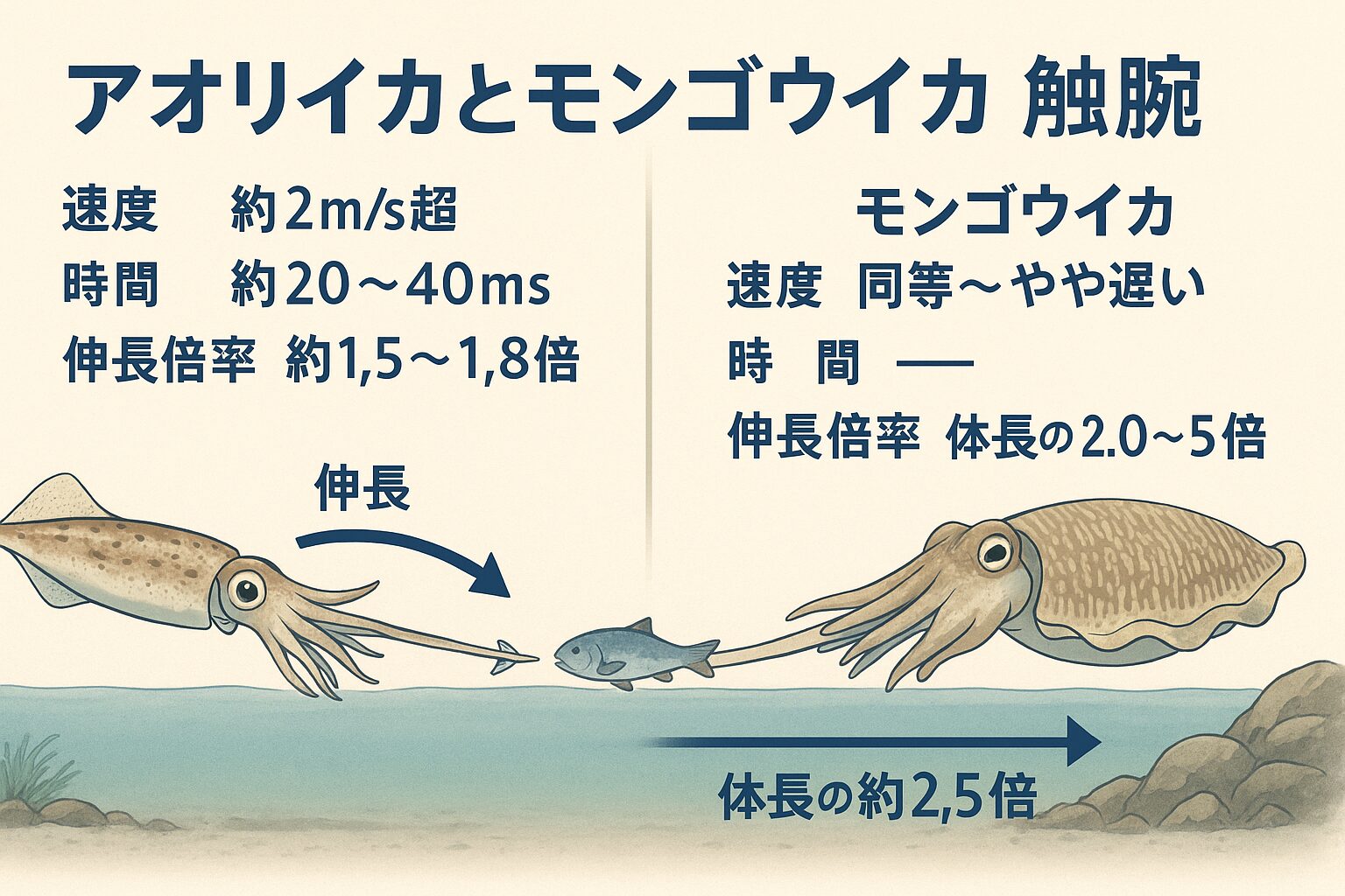 イカの補色方法の相違点。アオリは短時間・高加速の一発勝負。・モンゴウは間合い重視の確実な射出。釣太郎