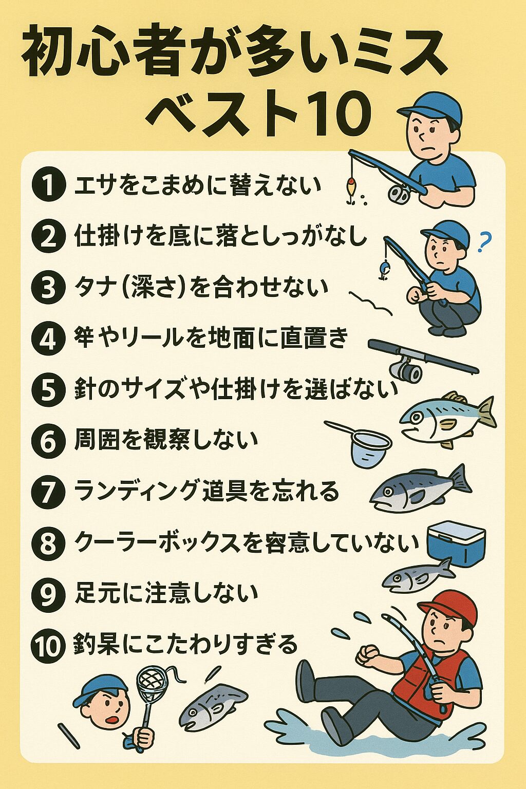 【初心者必見】堤防釣りで多いミス・ベスト10｜失敗を防いで釣果アップ！釣太郎