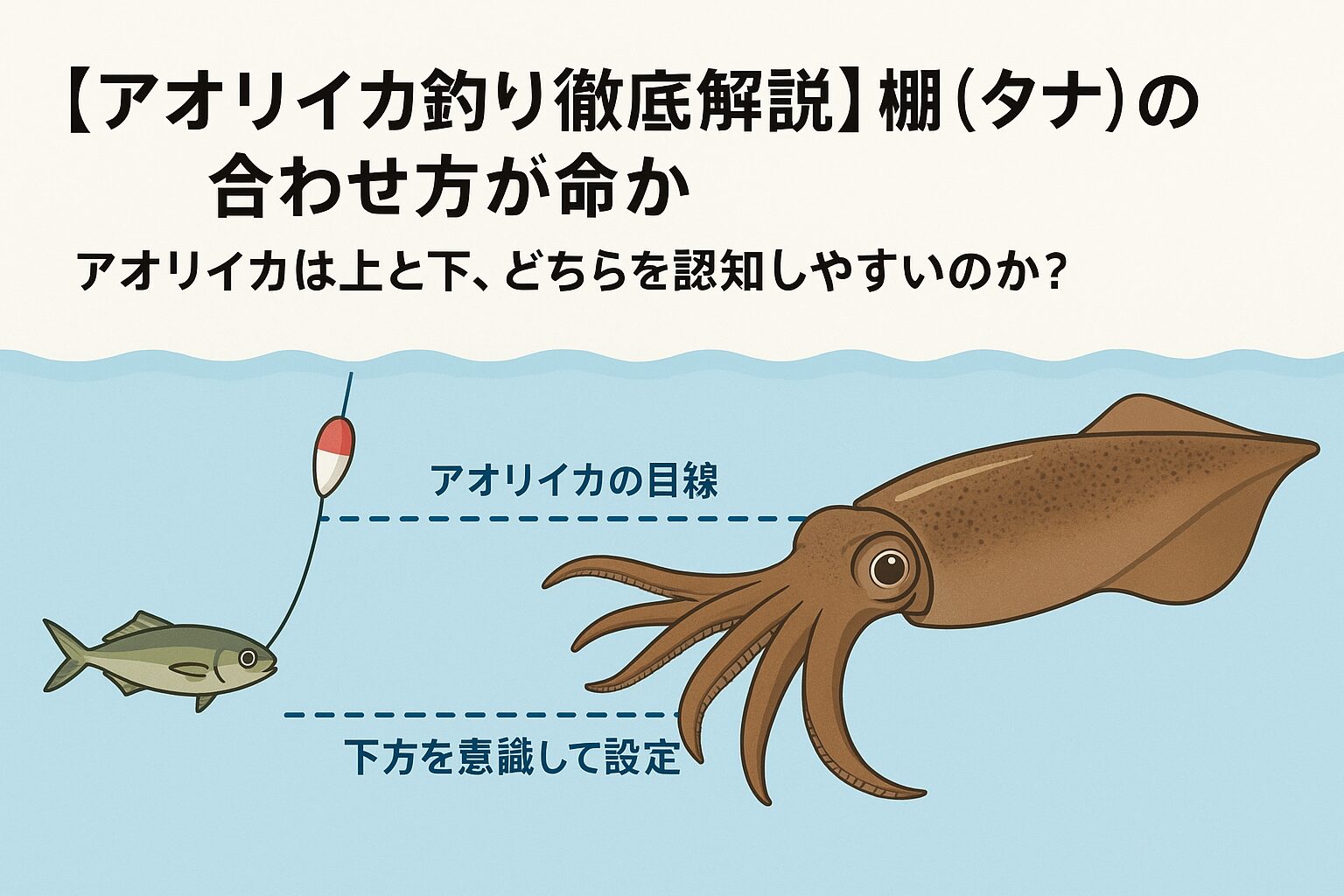アオリイカ釣りでタナが合わなければ、いくら良いポイントや活きのいいアジを使っても釣果は伸びません。 アオリイカは上方より下方の獲物を認識しやすく、攻撃も下から仕掛ける習性があります。 そのため、エサの位置はイカの目線よりやや下を意識することが、アタリ数を大きく増やす秘訣です。釣太郎
