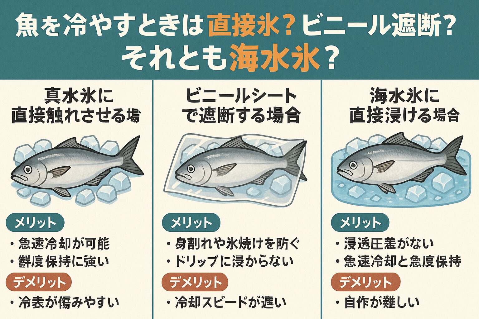 魚を冷やすときの正解はひとつではありません。「海水氷に直接浸ける」方法がもっとも万能 で、特に夏場や青物には必須と言えます。釣太郎