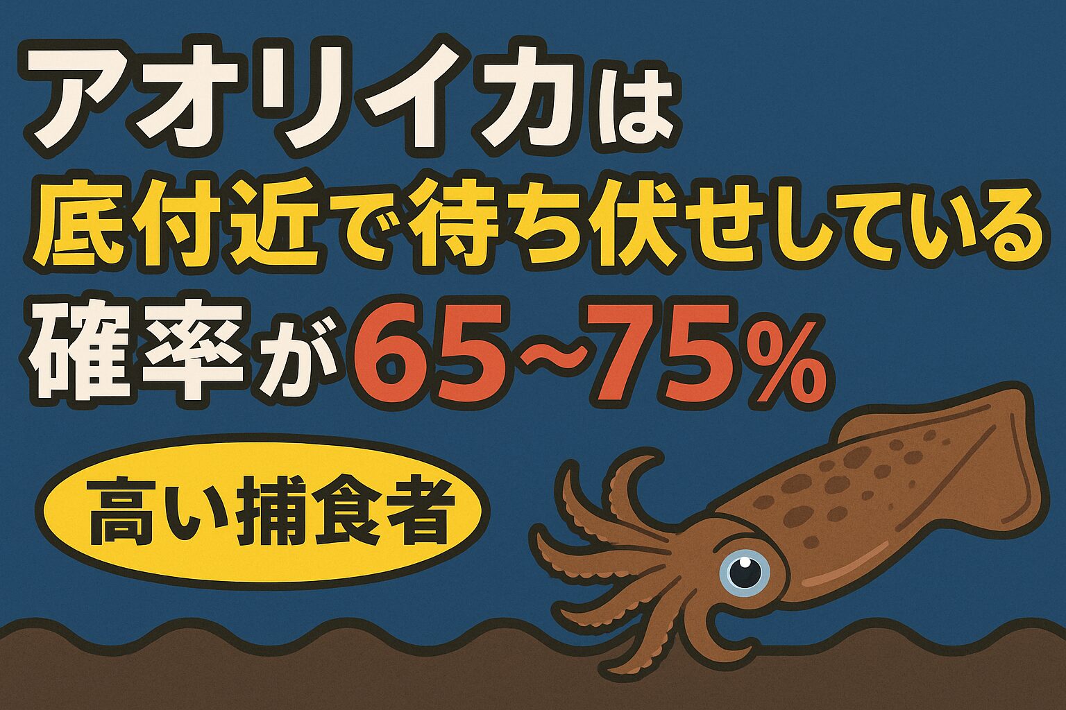 アオリイカは、回遊しているように見えて実は待ち伏せ型の捕食者です。 釣行データの解析からも、底付近で待ち伏せしている確率は65〜75％と非常に高いことが分かっています。釣太郎