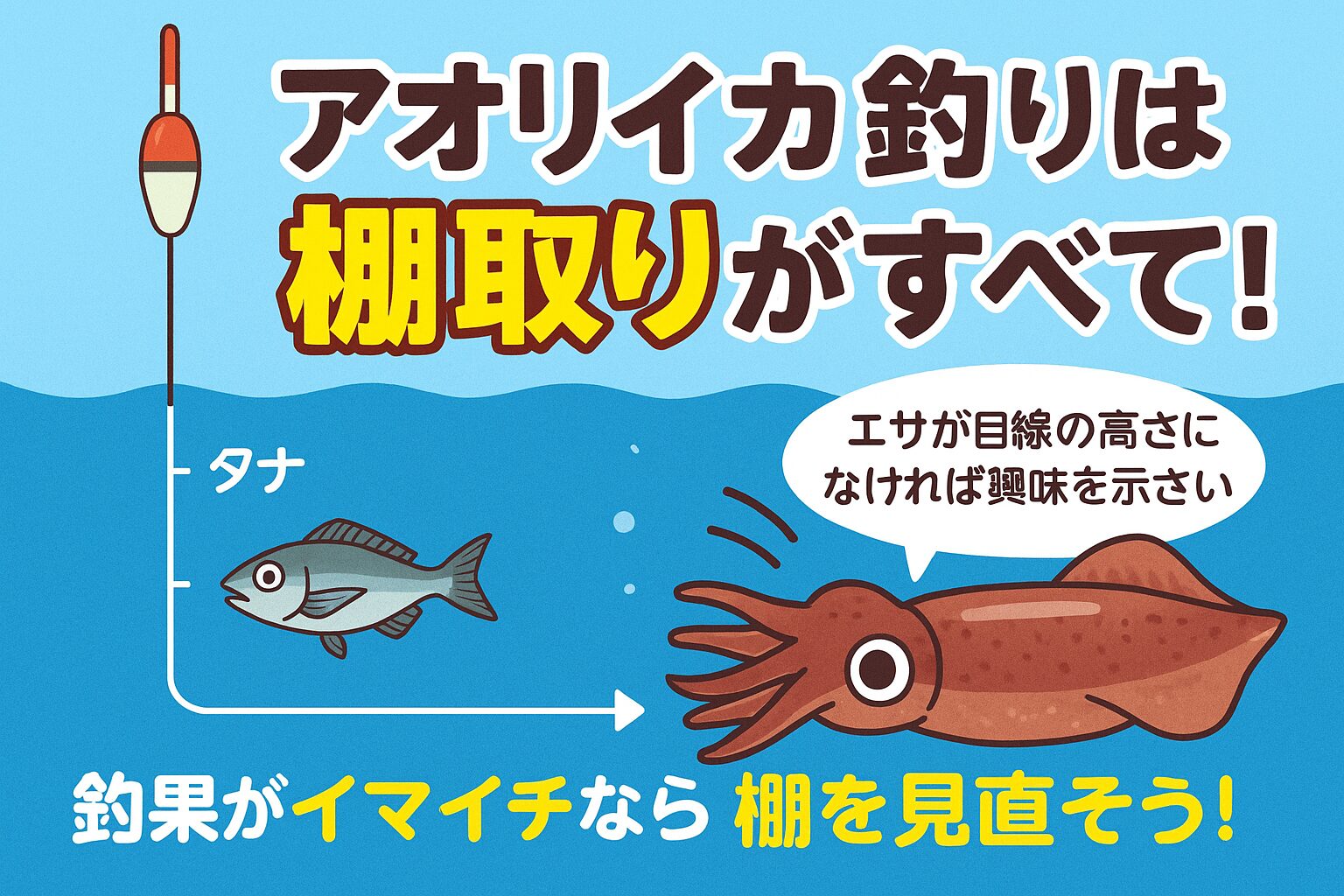 棚取りを制する者はアオリイカ釣りを制す！ ✅ アオリイカは目線の高さにあるエサしか興味を示さない ✅ 初心者でも「0.5ヒロ単位」で探ることでチャンスは大幅アップ。釣太郎