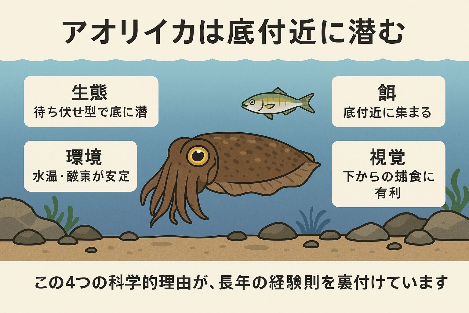 アオリイカが底付近に潜むのは、待ち伏せ型の生態、餌の分布、安定した水温と酸素環境 、視覚的な捕食優位性 この4つの科学的理由が、釣り人の「底を狙え」という経験則を裏付けています。釣太郎