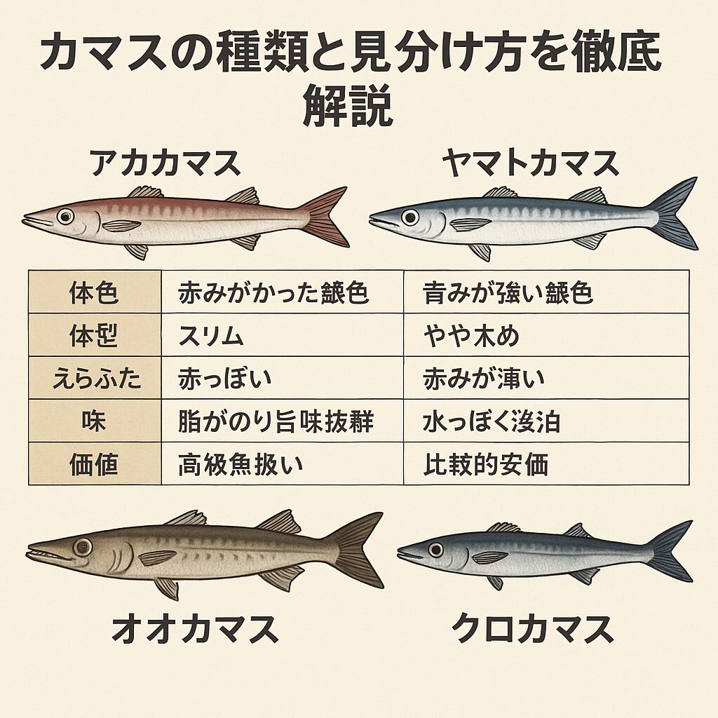 カマスは見た目が似ているため混同されがちですが、・アカカマス → 赤み、スリム、高級魚、美味・ヤマトカマス → 青み、太め、大量に釣れるが味は落ちる。釣太郎