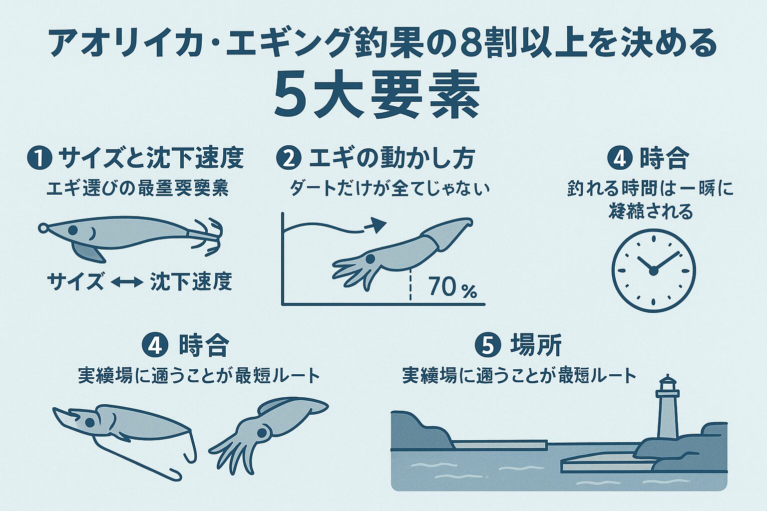 アオリイカのエギング釣果は、サイズと沈下速度、エギの動かし方、レンジの攻略、時合、場所、この5つで8割以上が決定されます。釣太郎