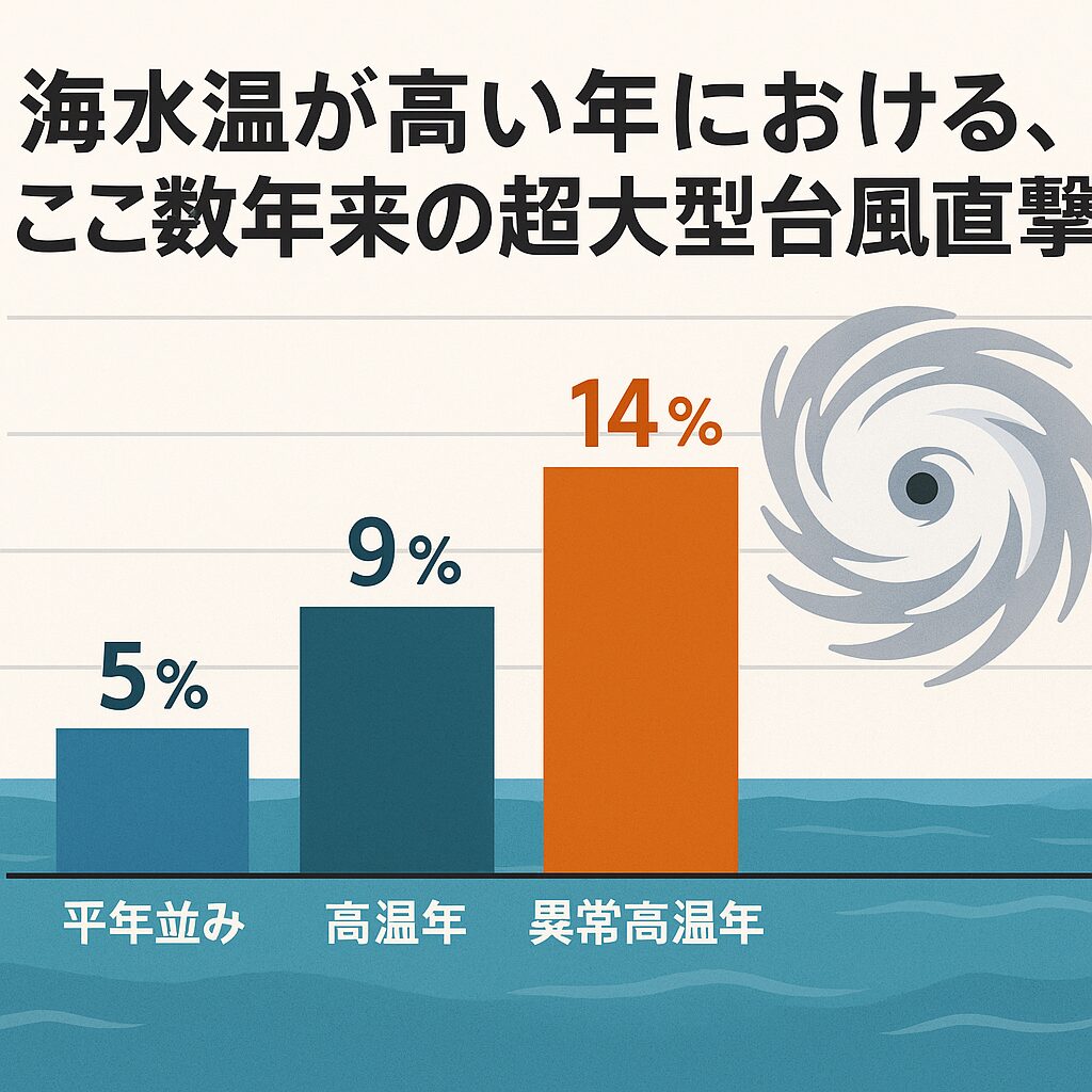 海水温が高い年ほど、超大型台風が日本本土を直撃する確率は大きく上昇します。特に異常高温年は、直撃確率が平年の約3倍。これは地球温暖化の進行と無関係ではありません。釣太郎
