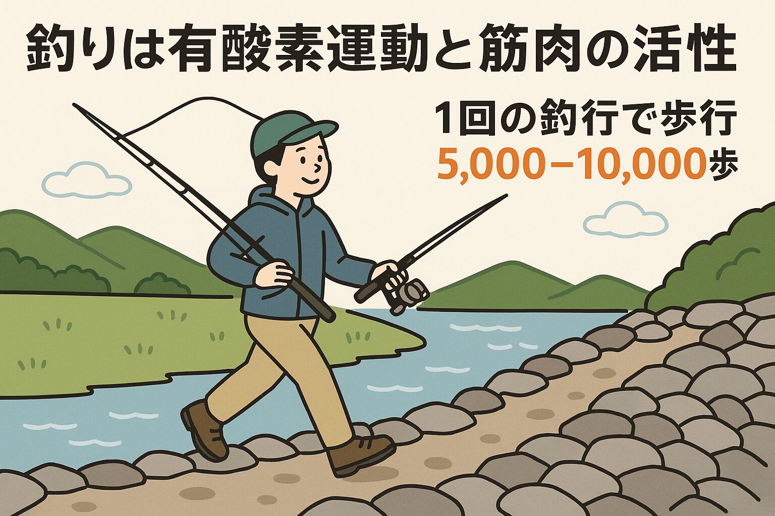 釣りは単なるレジャーではなく、自然の中で体をしっかり動かせる有酸素運動です。 1回の釣行で5,000～10,000歩を歩けば、ウォーキング以上の運動効果が期待できます。釣太郎