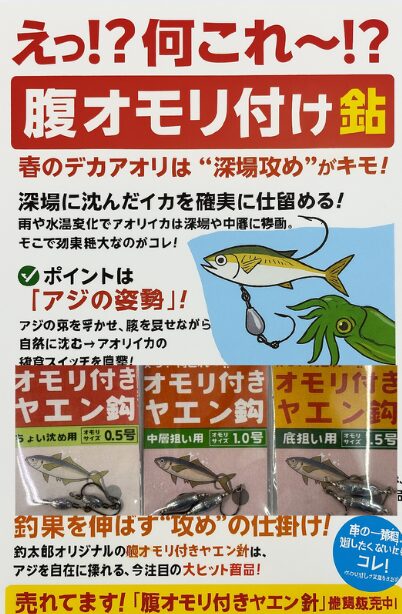 アオリイカは70％の確率で海底にいる為、ヤエン針付き腹オモリで底を攻めよう。釣太郎