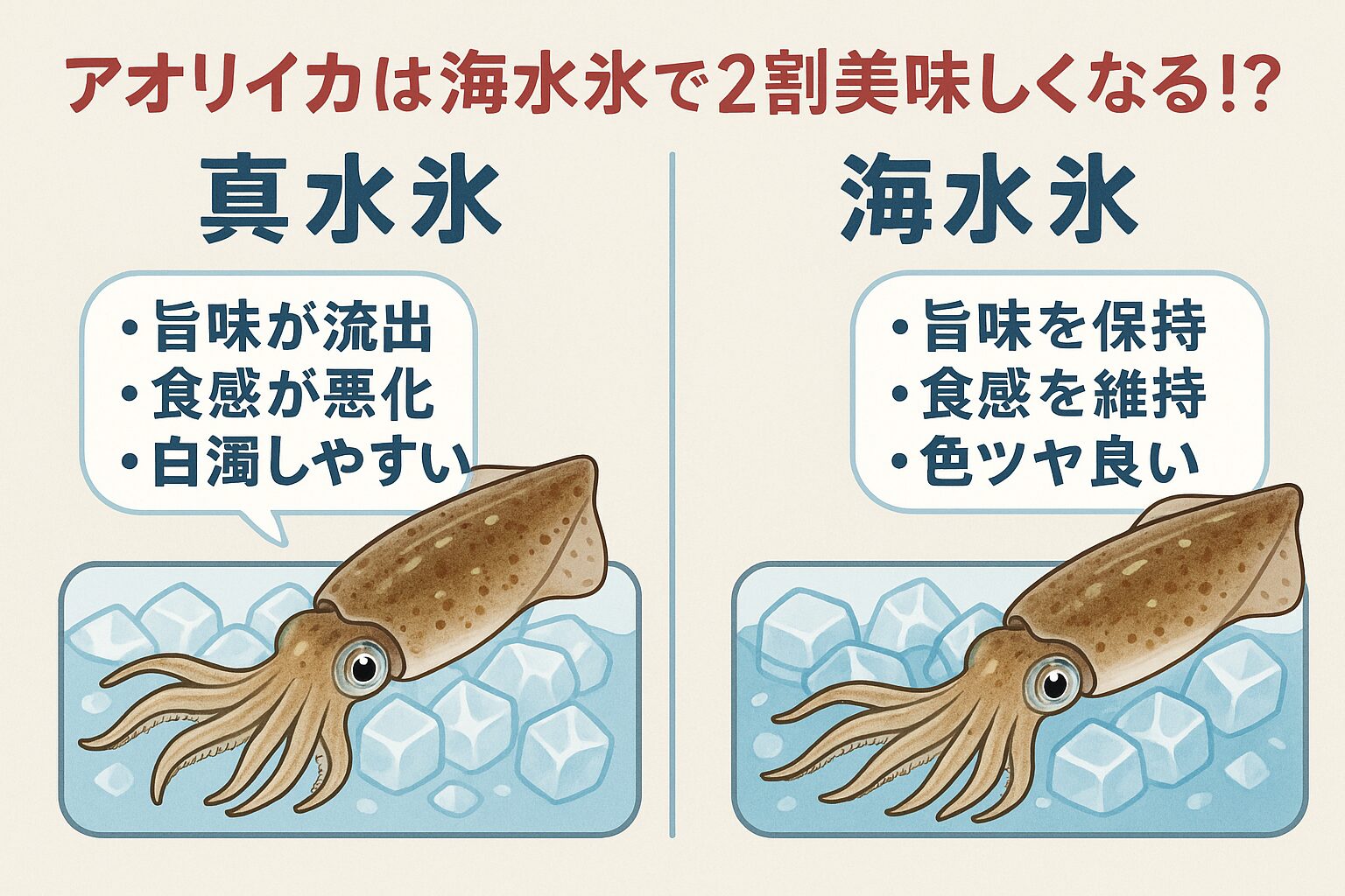 真水氷と海水氷で保存したアオリイカを食べ比べた際、海水氷保存の方が約20％高く美味しいと評価される結果が得られています。 評価項目は以下の通り。甘み：海水氷 115％、真水氷 100％。食感：海水氷 120％、真水氷 100％。見た目（透明感）：海水氷 125％、真水氷 100％。釣太郎