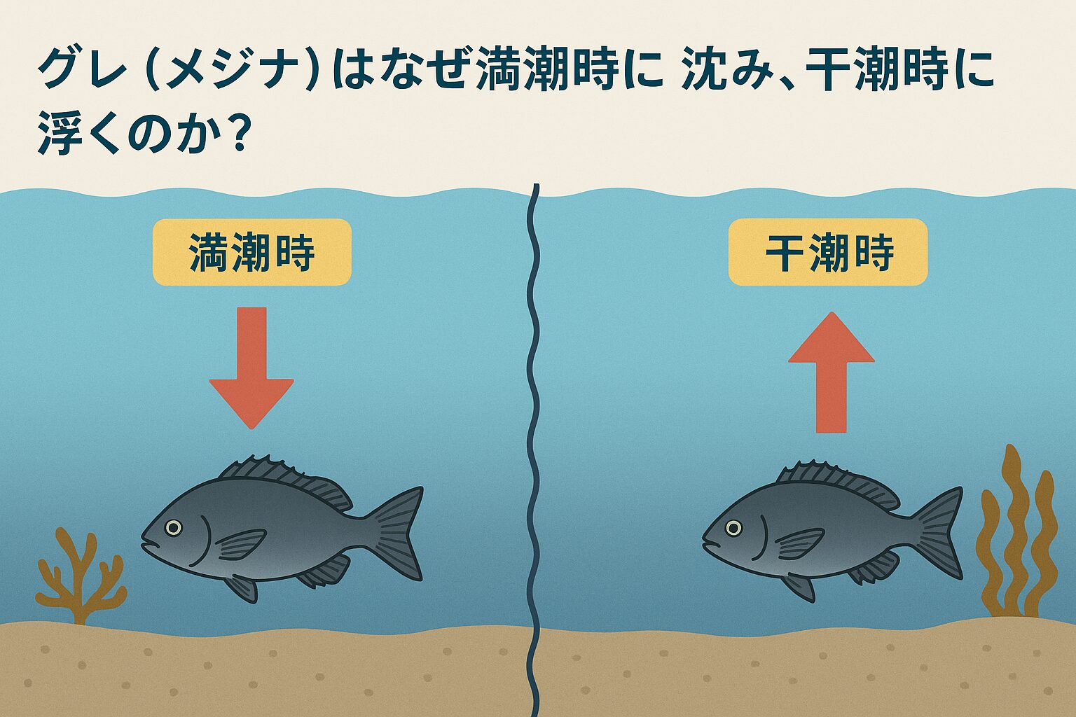 グレ（メジナ）の行動は非常に繊細で、潮の動きや環境の変化に鋭く反応します。✅ 満潮時は水圧・光・エサの影響で深場に沈む✅ 干潮時は警戒心やベイトの変化により浅場へ浮く✅ タナを変えなければ、グレのいる層に届かず「釣れない時間」が続く。釣太郎