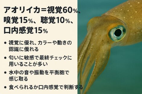 アオリイカの感覚割合を数値化すると視覚60％ → カラー・動き・シルエットを重視。嗅覚15％ 。聴覚10％ 。口内感覚15％ 。釣太郎