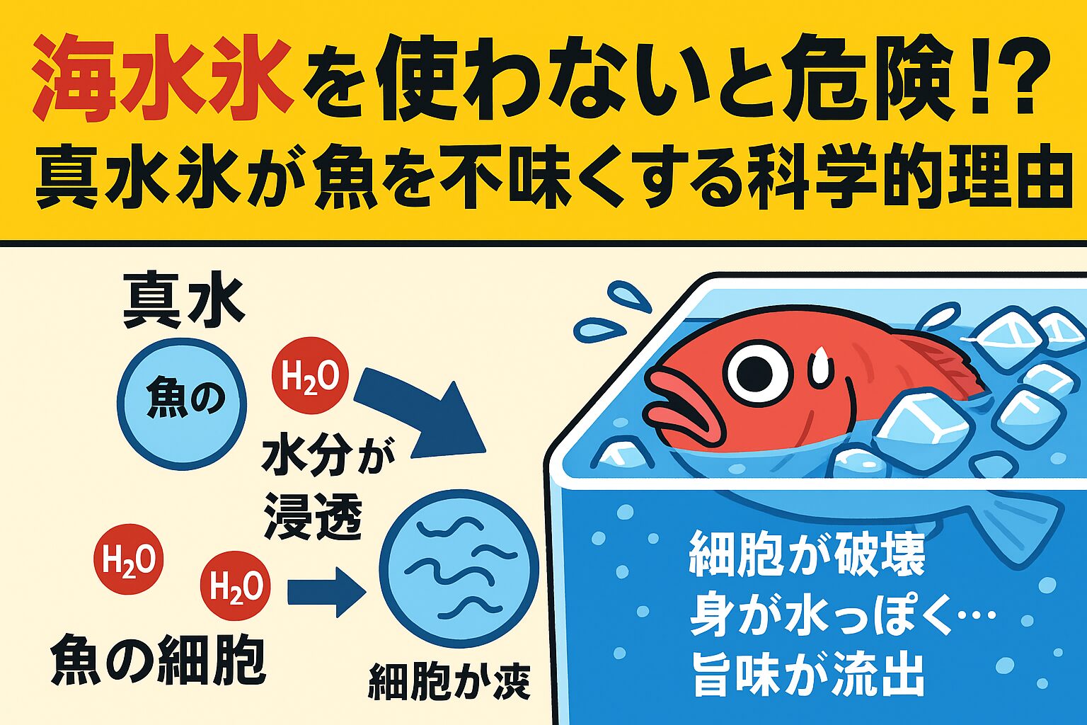 真水氷は浸透圧の差で魚の細胞を壊し、旨味成分を流出させる。 ・海水氷は魚体にやさしく、冷却効率も高いため鮮度保持に最適。 ・釣行後の処理は「締め・血抜き・海水氷冷却」が鉄則。釣太郎