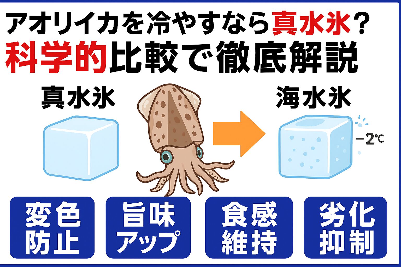 アオリイカは繊細で、保存方法ひとつで美味しさが大きく変わる魚介類です。真水氷:変色・味落ち・食感劣化のリスクあり。海水氷:低温保持・透明感維持・旨味アップで圧倒的有利.釣太郎