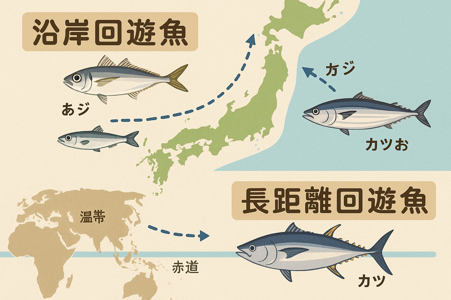 回遊魚は 「沿岸回遊魚」 と 「長距離回遊魚」 に分けられる。釣太郎
