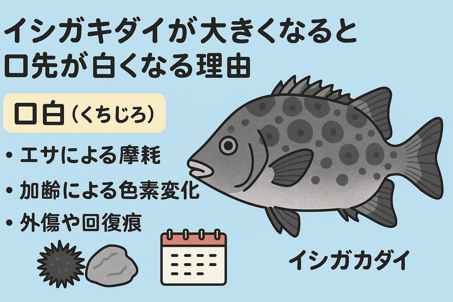 イシガキダイの口先が白くなるのは、硬い餌を食べ続けることによる摩耗や加齢による色素変化が主因。・釣り師の間では「大型の証」として歓迎される特徴。・味は落ちず、むしろ旨味が強いことが多い。釣太郎