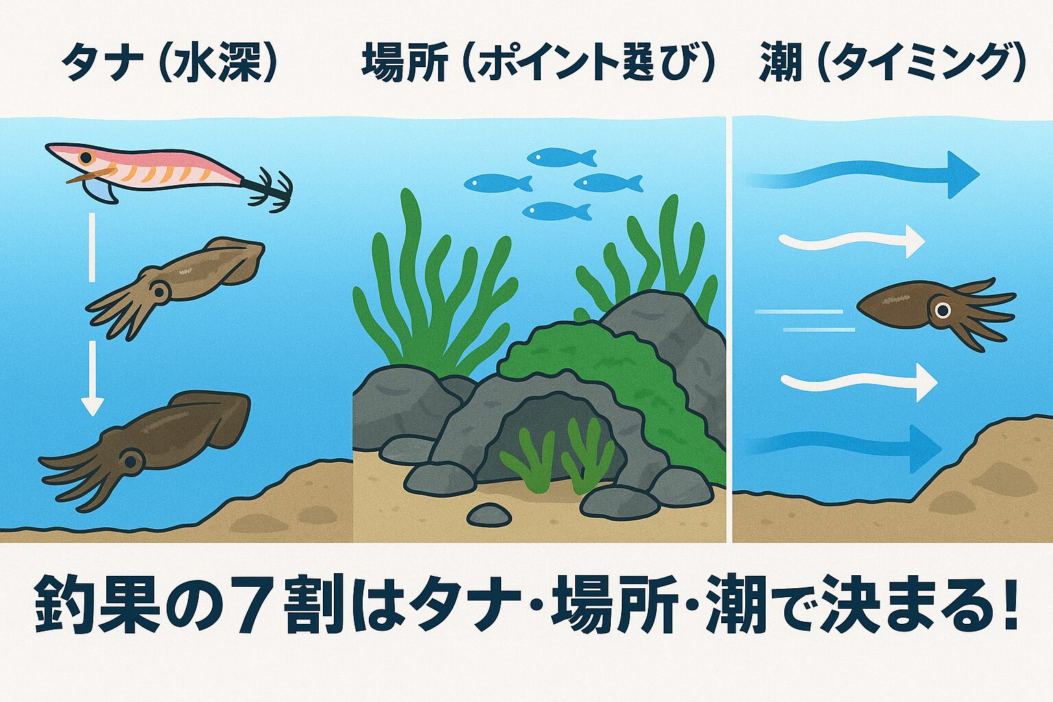 エギングの釣果はテクニックやエギ選びよりも、 タナ・場所・潮で７割決まる。釣太郎