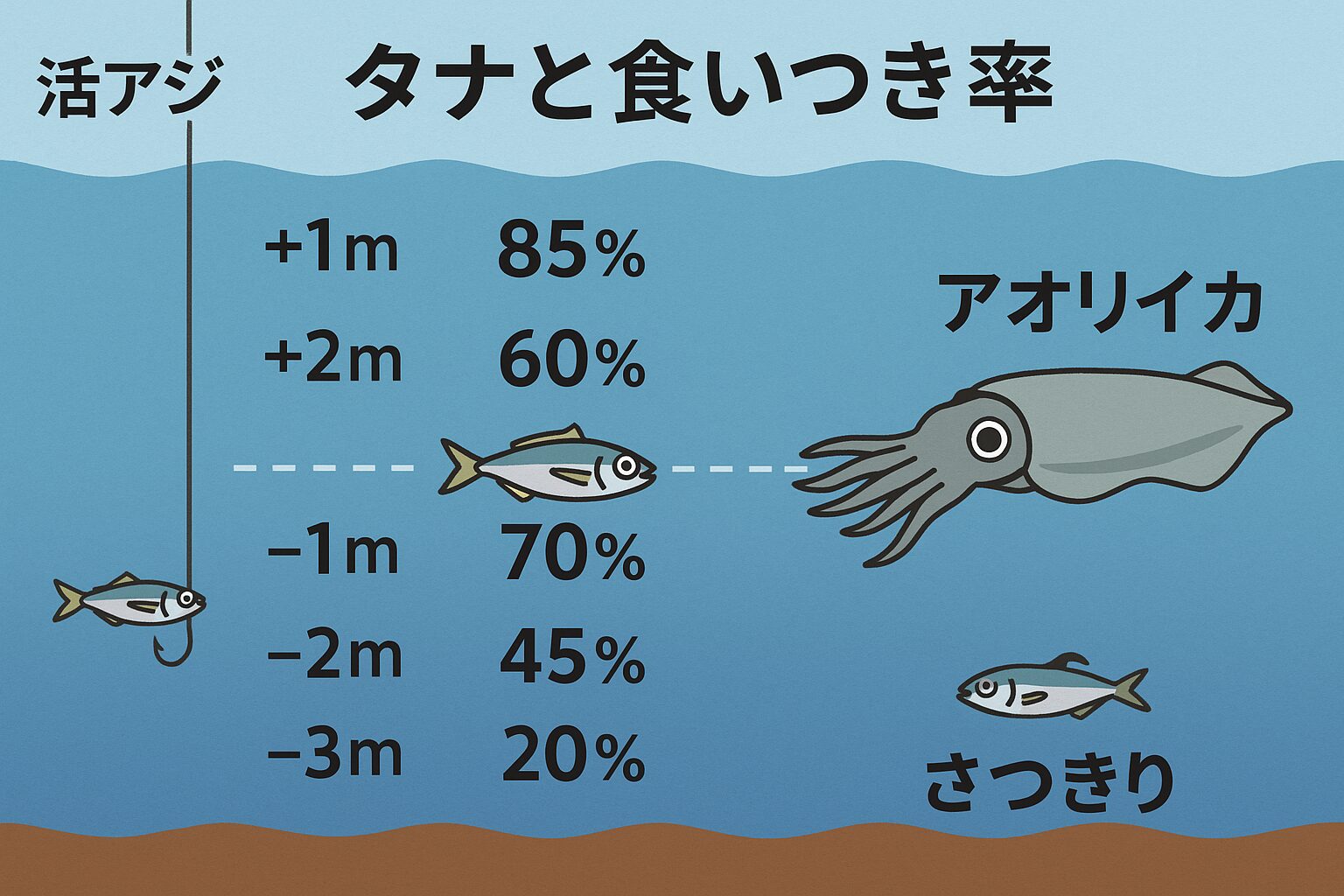 アオリイカ釣りにおけるタナの重要性は、経験的な話ではなく科学的・行動学的に裏付けられた事実です。 エサがアオリイカのタナよりも「上にある」なら、まだチャンスはあります。 しかし、「下にある」と視界から外れ、無視される確率が一気に上がります。 だからこそ、アオリイカと同じタナにアジを泳がせることが最重要なのです。釣太郎