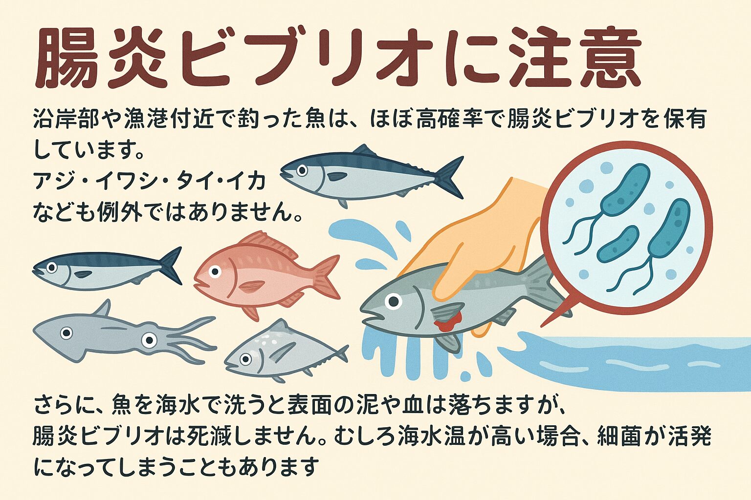 釣り上げたばかりの魚は見た目も鮮やかで、「新鮮だから安全」と思われがちです。しかし、沿岸部や漁港付近で釣った魚は、高確率で腸炎ビブリオを保有しています。これは魚種に関係なく、アジ・イワシ・タイ・イカなども例外ではありません。釣太郎