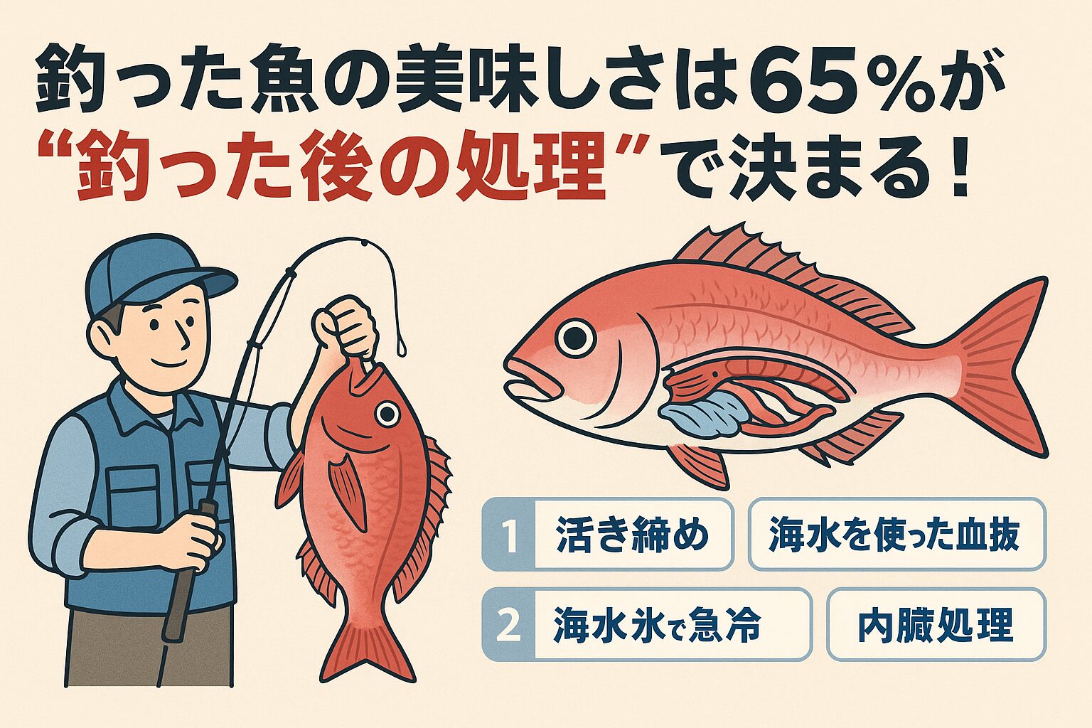 魚の美味しさは「釣った後」で決まる。魚の美味しさを100とした場合、・釣り上げた瞬間に決まる → 35%・釣った後の処理で決まる → 65%。釣太郎