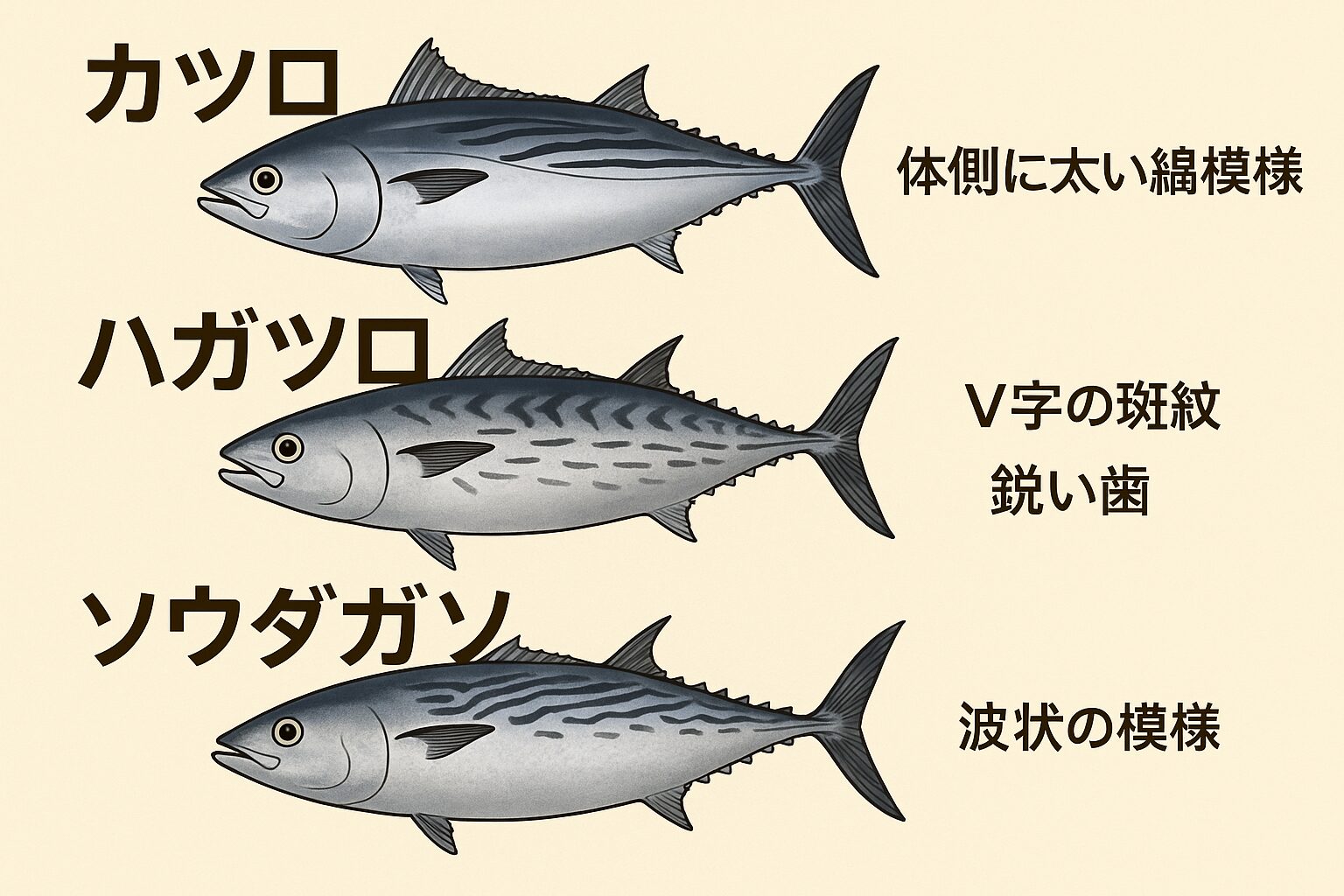 カツオは春と秋に接岸。カゴ釣りやルアーで狙える。ハガツオは秋から冬にかけて堤防や磯で好ターゲット。ルアーでのヒットが多い。ソウダガツオは夏場に数釣りが可能。サビキや小魚エサでも釣れる。釣太郎