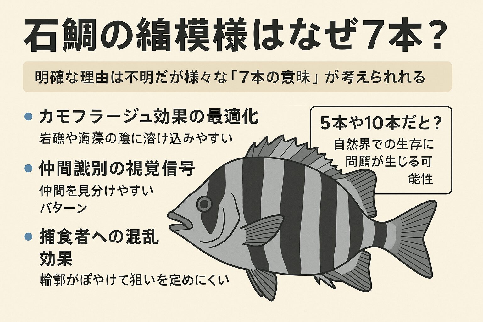 石鯛の縞模様は基本7本で、これは自然界で生き残るための最適なパターン。釣太郎