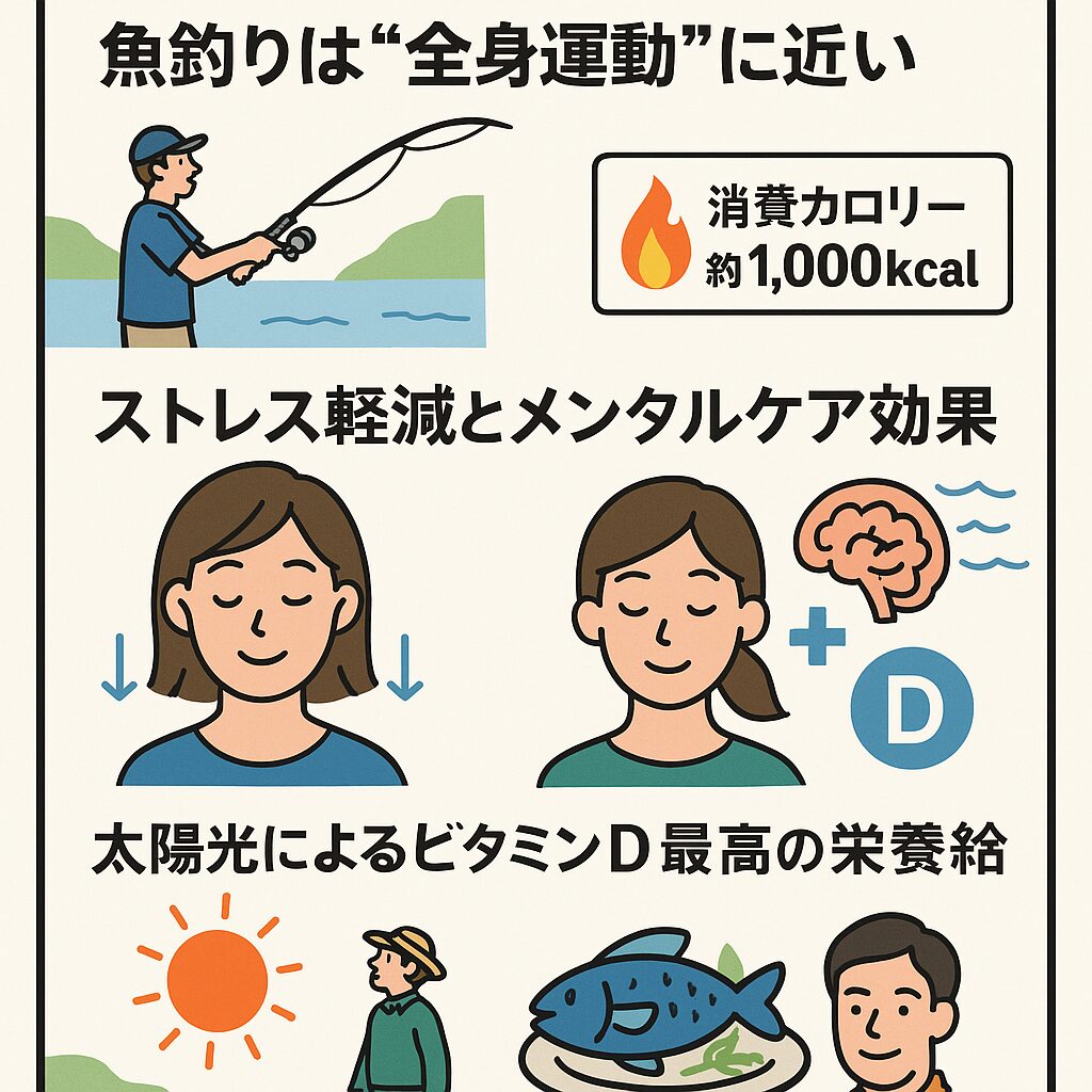 魚釣りはただの娯楽ではなく、・有酸素運動と筋トレ効果・ストレス解消とメンタルケア・ビタミンD補給と免疫力向上・栄養価の高い魚の摂取。釣太郎