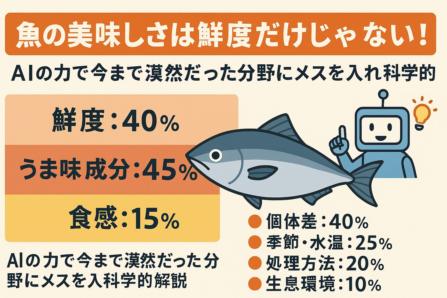 魚の味を決めるのは、鮮度40%・旨味45%・食感15%。釣太郎