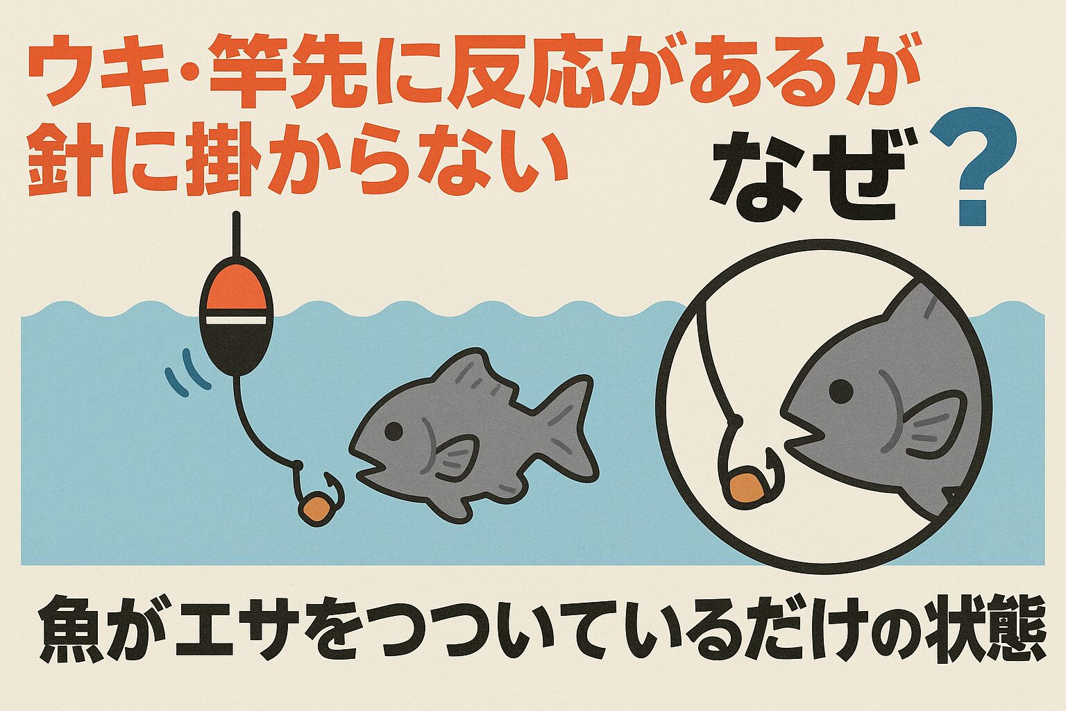 ウキや竿先が反応しても針掛かりしないのは、魚がつついているだけのケースが多い。 ・針のサイズや餌の付け方、合わせのタイミングが原因のこともある。・小魚によるエサ取りの場合は、仕掛けを見直すのが有効。釣太郎