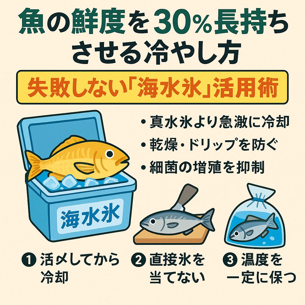 海水氷を使うことで、魚の鮮度は最大で30％長持ちするとされています。釣太郎