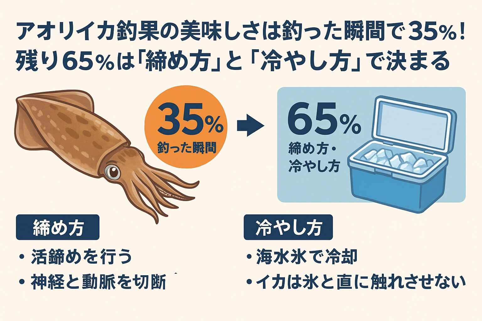アオリイカの美味しさは「釣った瞬間」だけでは決まりません。全体の 65％は締め方と冷やし方で決まる。釣太郎