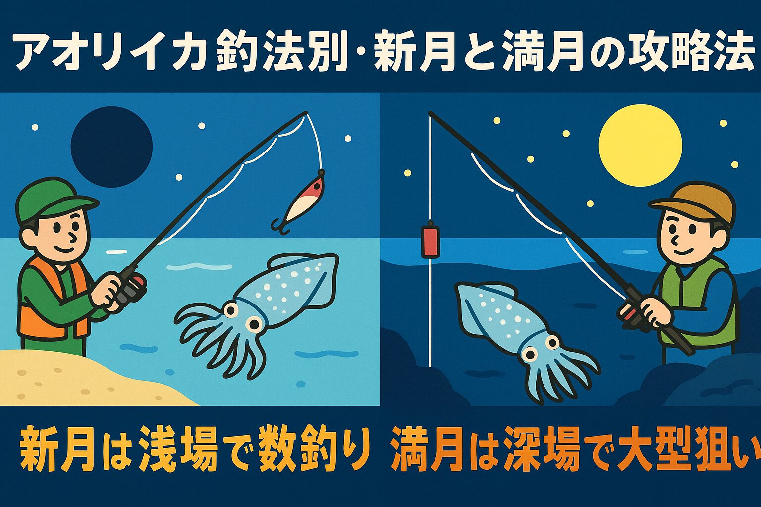アオリイカ釣り、新月は数釣り有利：表層でのアタリが多く、エギングや浅ダナウキ釣りが効果的。満月は大型有利：深場に潜む個体を狙う釣り方（ディープエギ・深タナヤエン・ウキ）がカギ。釣太郎