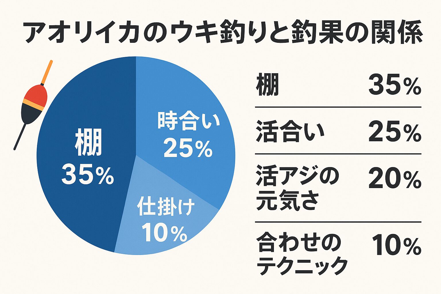 アオリイカうき釣り、釣果を左右する割合(%)、棚(タナ)設定 … 35%、時合い … 25%、活アジの元気さ … 20%、仕掛けの選択 … 10%、合わせのテクニック … 10%。釣太郎