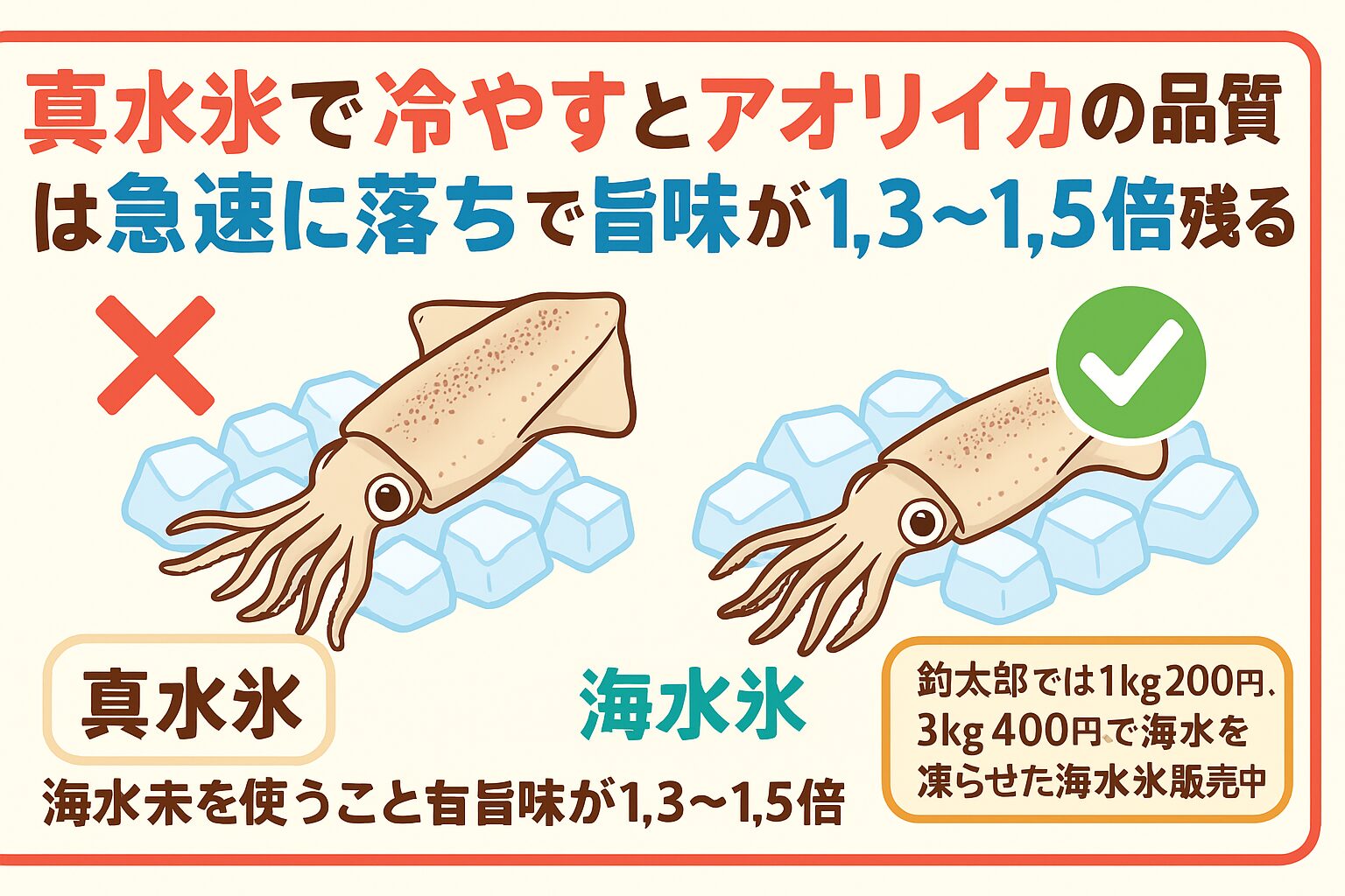 真水氷で冷やすと、アオリイカは浸透圧差で細胞が壊れ、旨味が流出しやすい ・海水氷を使えば、旨味を1.3～1.5倍残し、釣りたての鮮度と甘みをキープできる。釣太郎