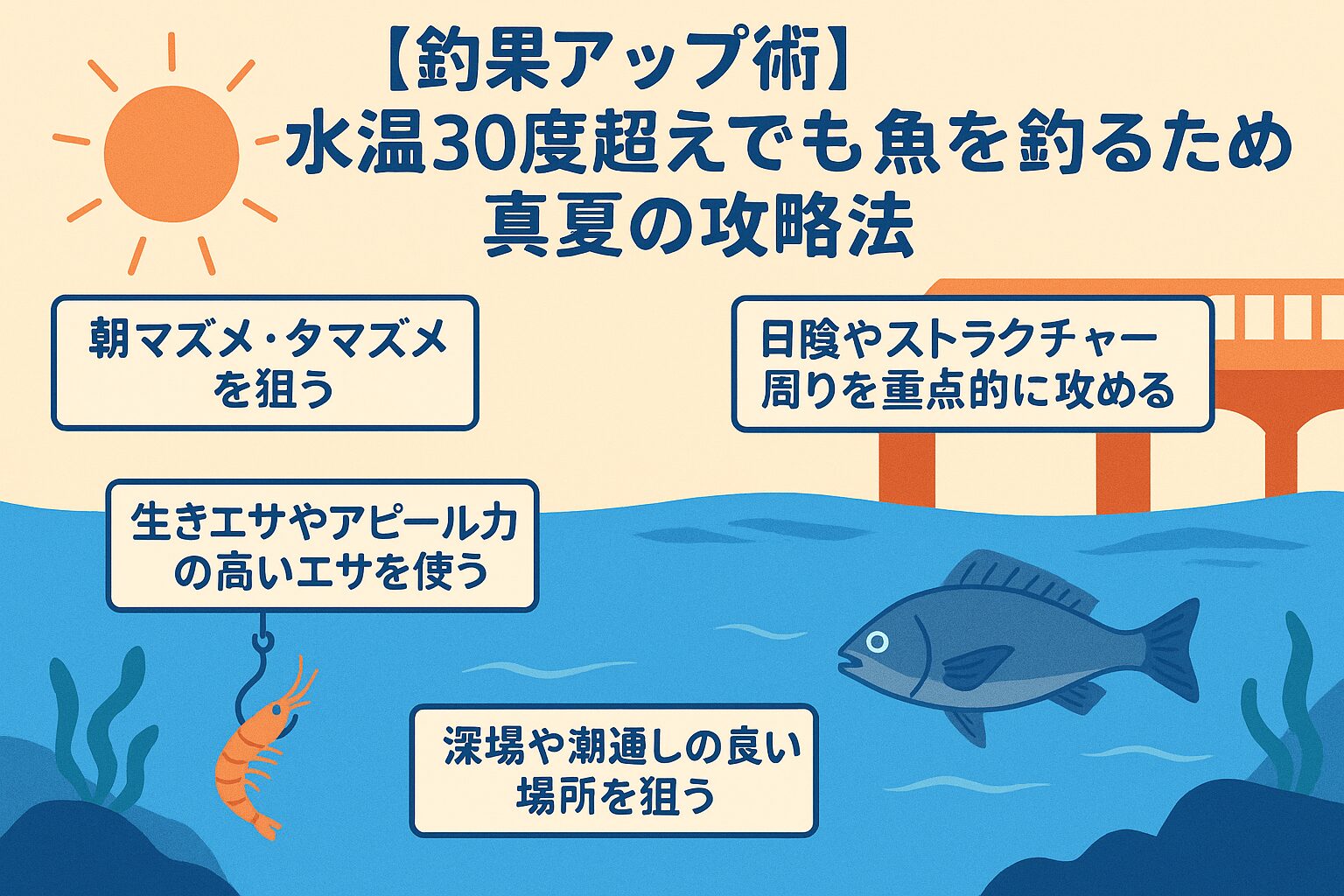 真夏の水温30度超えは、魚にとっても過酷な環境です。・朝夕や潮の動くタイミングを狙う ・深場・日陰・潮通しの良い場所を攻める ・生きエサやスローアクションを意識する ・エサの鮮度を保ち、活性が上がる条件を逃さない。これらのポイントを押さえることで、真夏でも安定した釣果を上げることができます。釣太郎