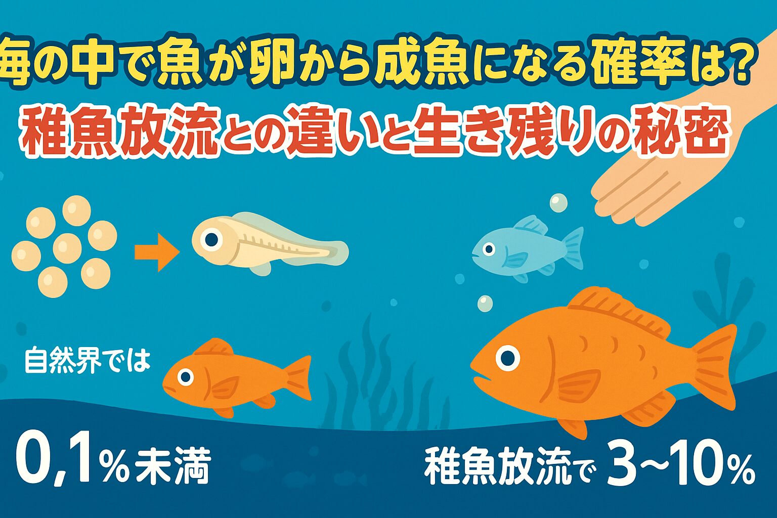 自然界で卵から成魚までの生存率は0.1%未満。稚魚放流では3〜10%まで向上することがある。釣太郎