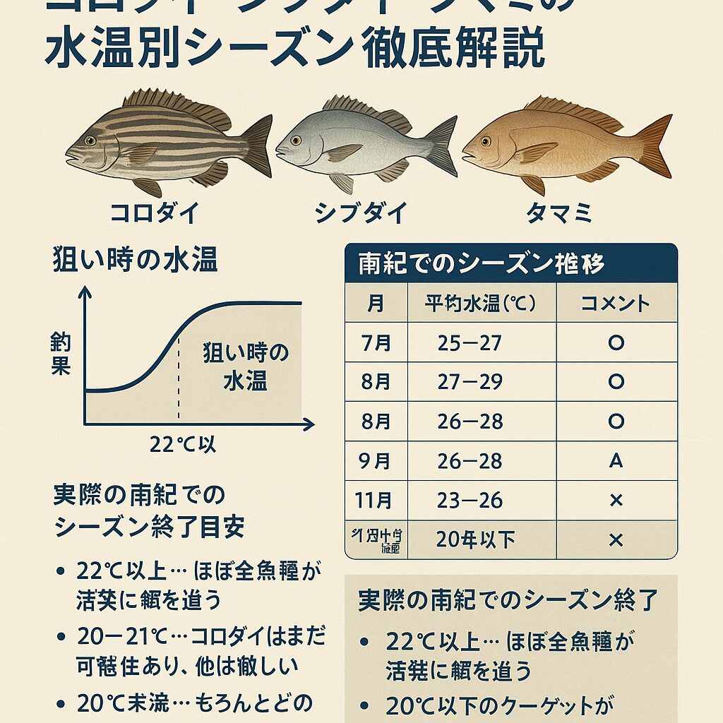 南紀地方のコロダイ・シブダイ・タマミは、水温22℃以上を目安に狙うのが基本です。 実質的には7月〜10月末が最も安定して釣れる時期。釣太郎