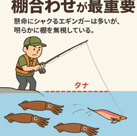 エギングといえば「シャクリの派手さ」に注目されがちですが、実際の釣果を決めるのは 棚合わせ です。釣太郎
