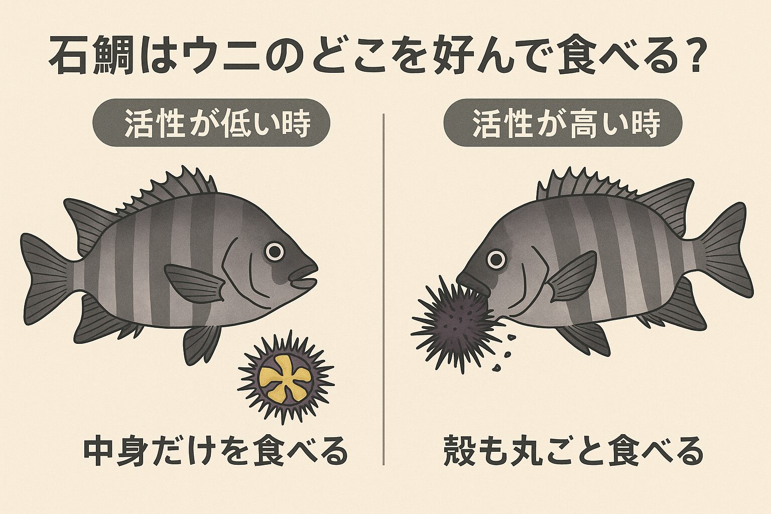 石鯛が狙うのは基本的にウニの中身(精巣・卵巣)。
活性が低い時は効率重視で中身だけ、高い時は殻ごと粉砕して食べる。釣太郎