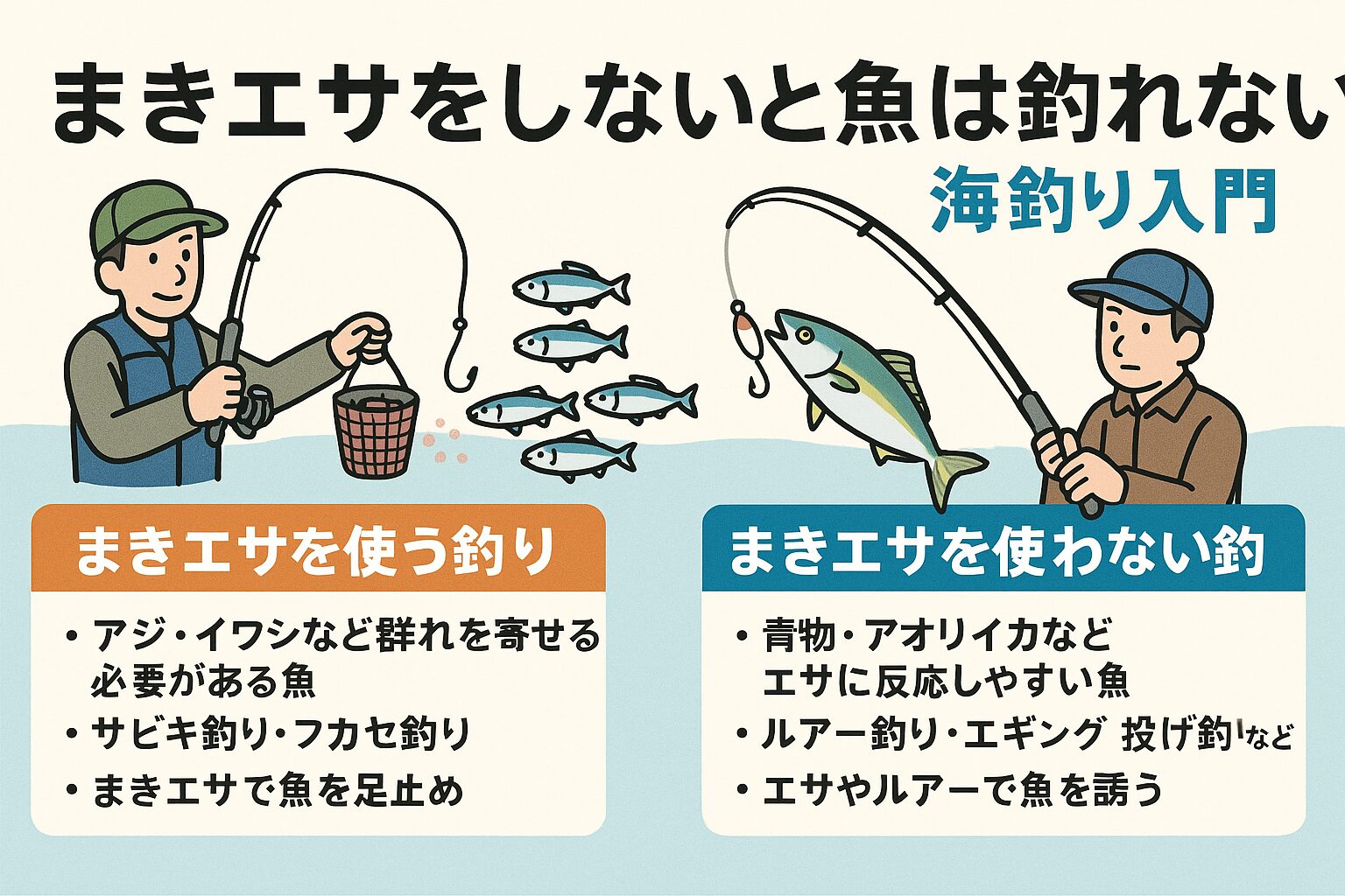海釣り入門者にとって、まきエサは「魚を足元に呼び込む強力な武器」。 初心者はまずサビキ釣りやフカセ釣りでまきエサを体験してみるのがおすすめです。釣太郎