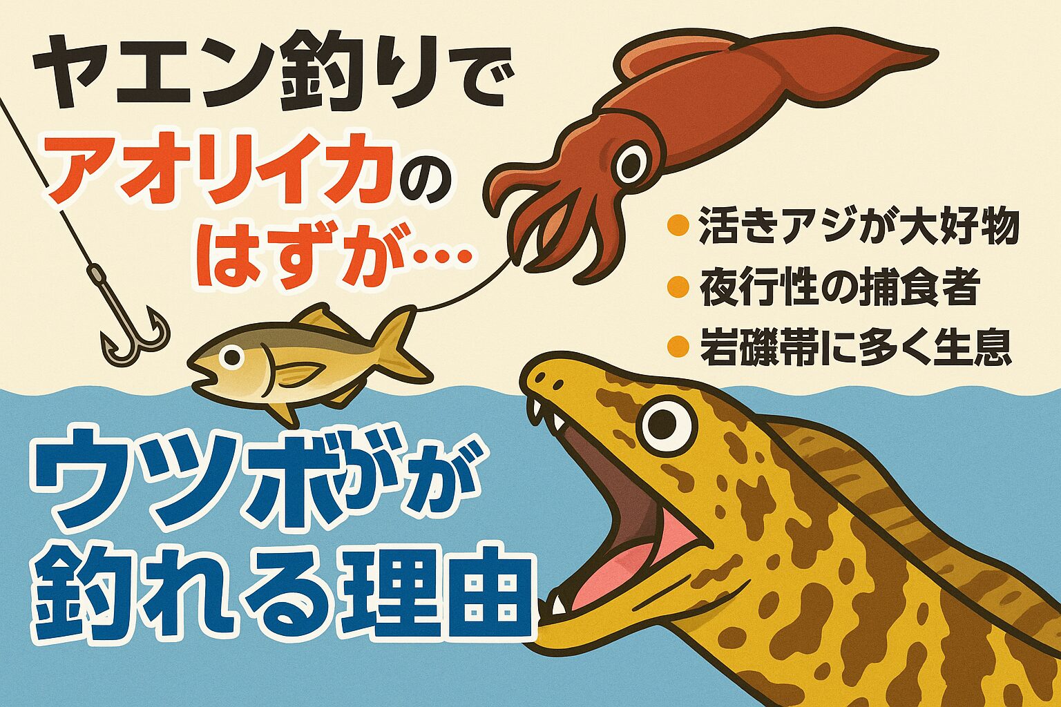 ヤエン釣りでウツボがよく釣れるのは、 生息域・活動時間・好物がアオリイカと重なるため。釣太郎