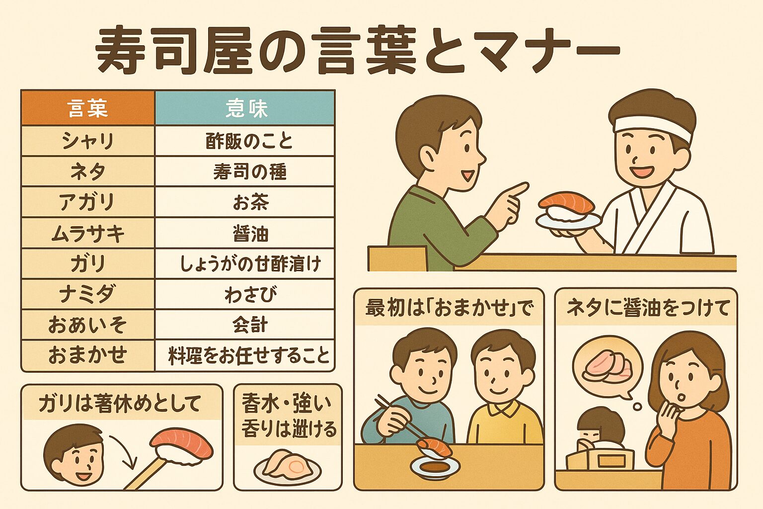 寿司屋の「言葉」と「マナー」は、単なるルールではなく文化そのものです。・言葉＝江戸から続く職人文化の粋。・マナー＝寿司を一番おいしく食べるための知恵。釣太郎